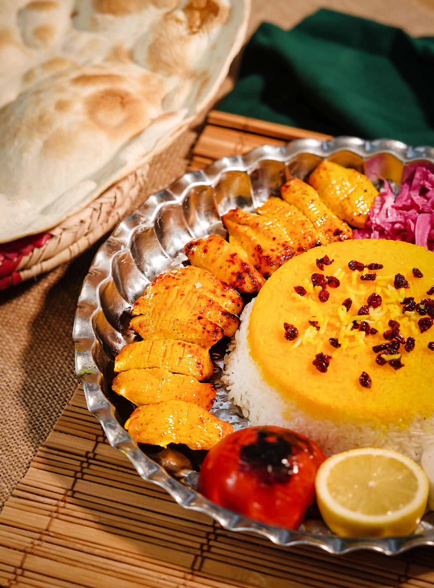 Joojeh kabab — saffron-marinated chicken with tahdig rice